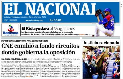 Screen shot of the Venezuelan newspaper El Nacional.